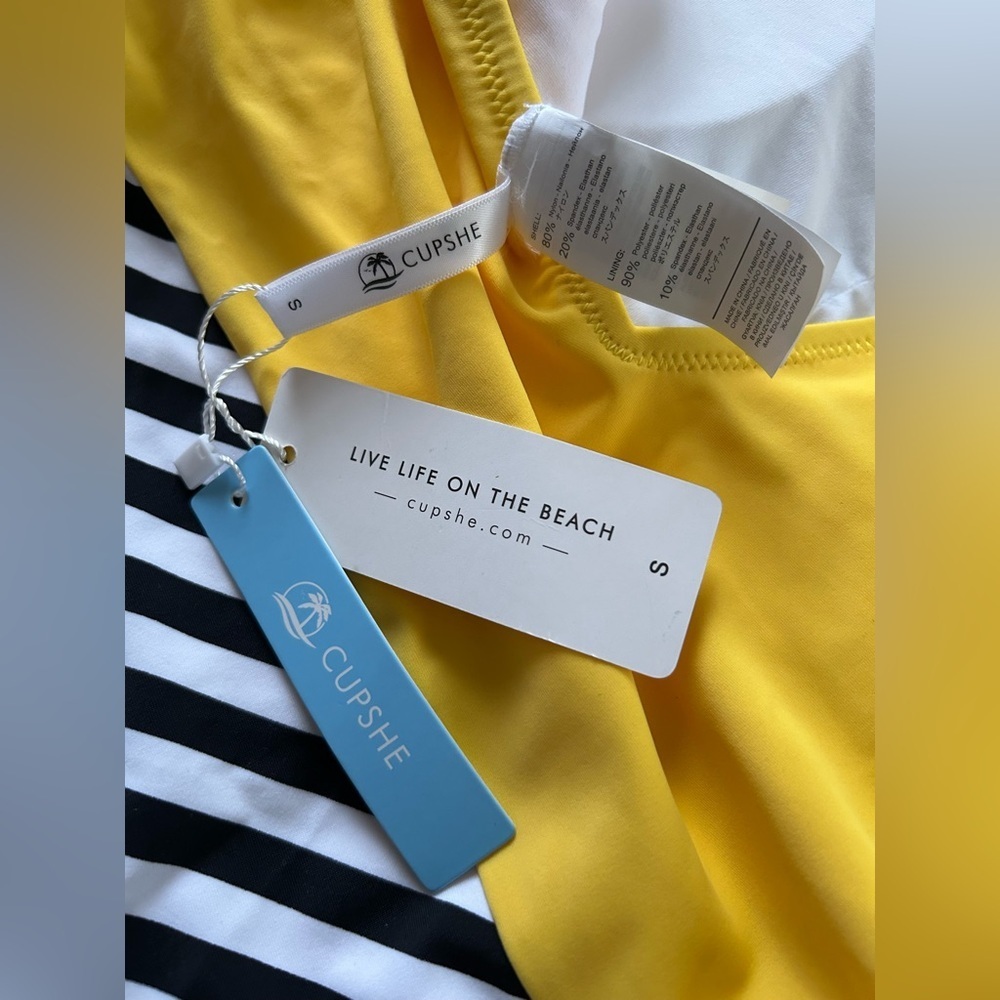 NWT CUPSHE ONE-PIECE Swimsuit Women’s Size S Yellow with Navy + White Stripes